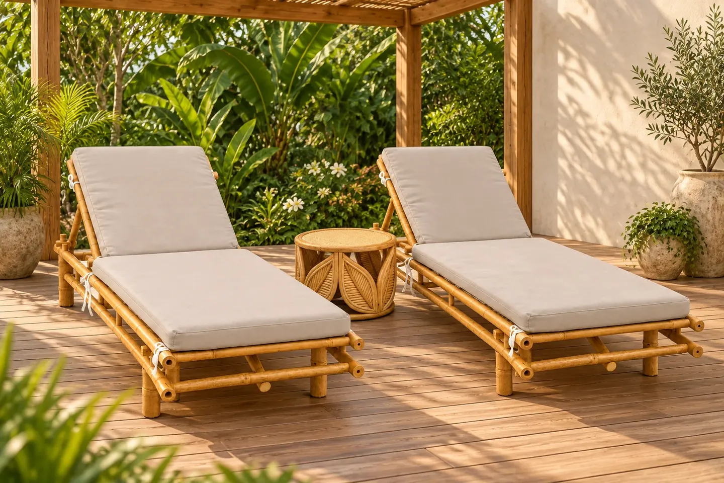 Bamboo loungers on a garden terrace