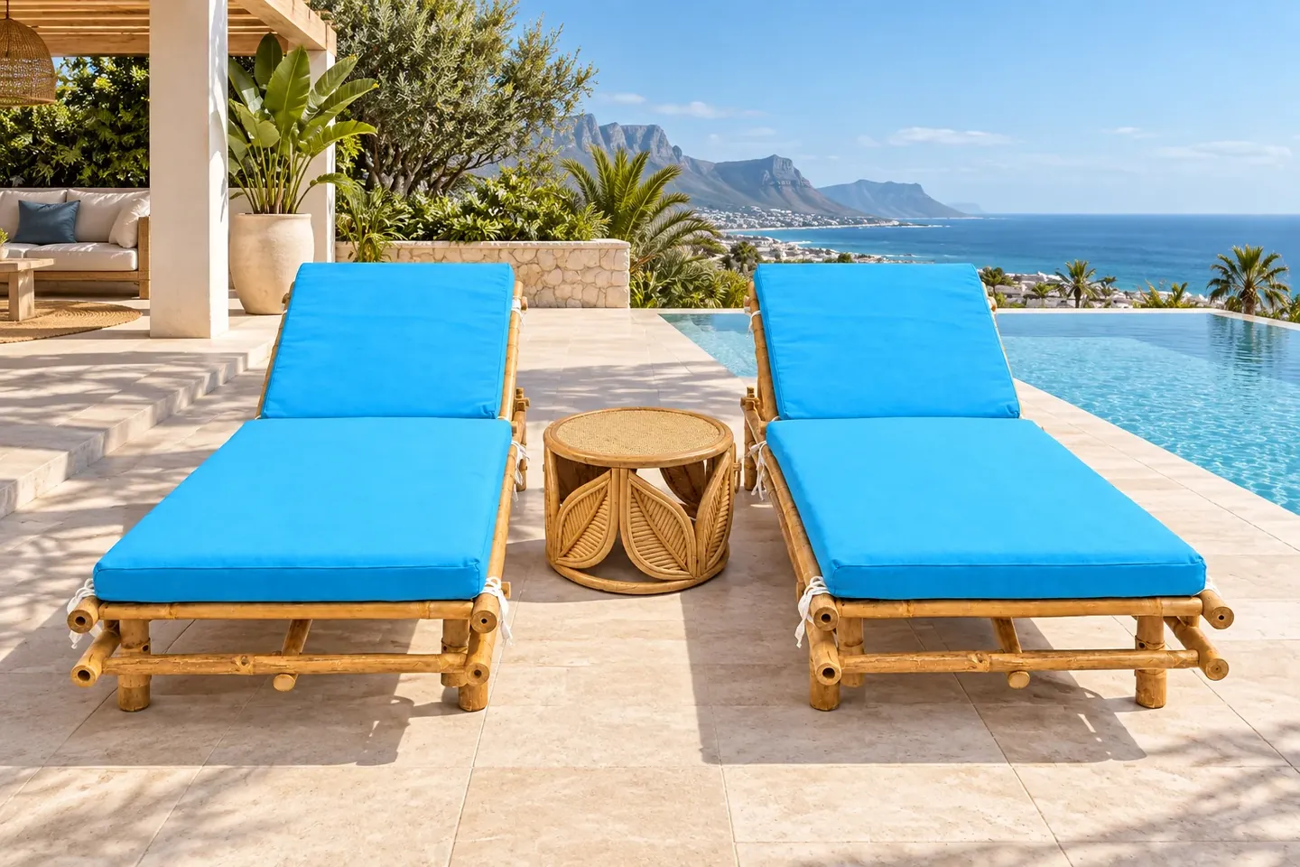 Bamboo loungers beside a pool with the sea and mountains beyond