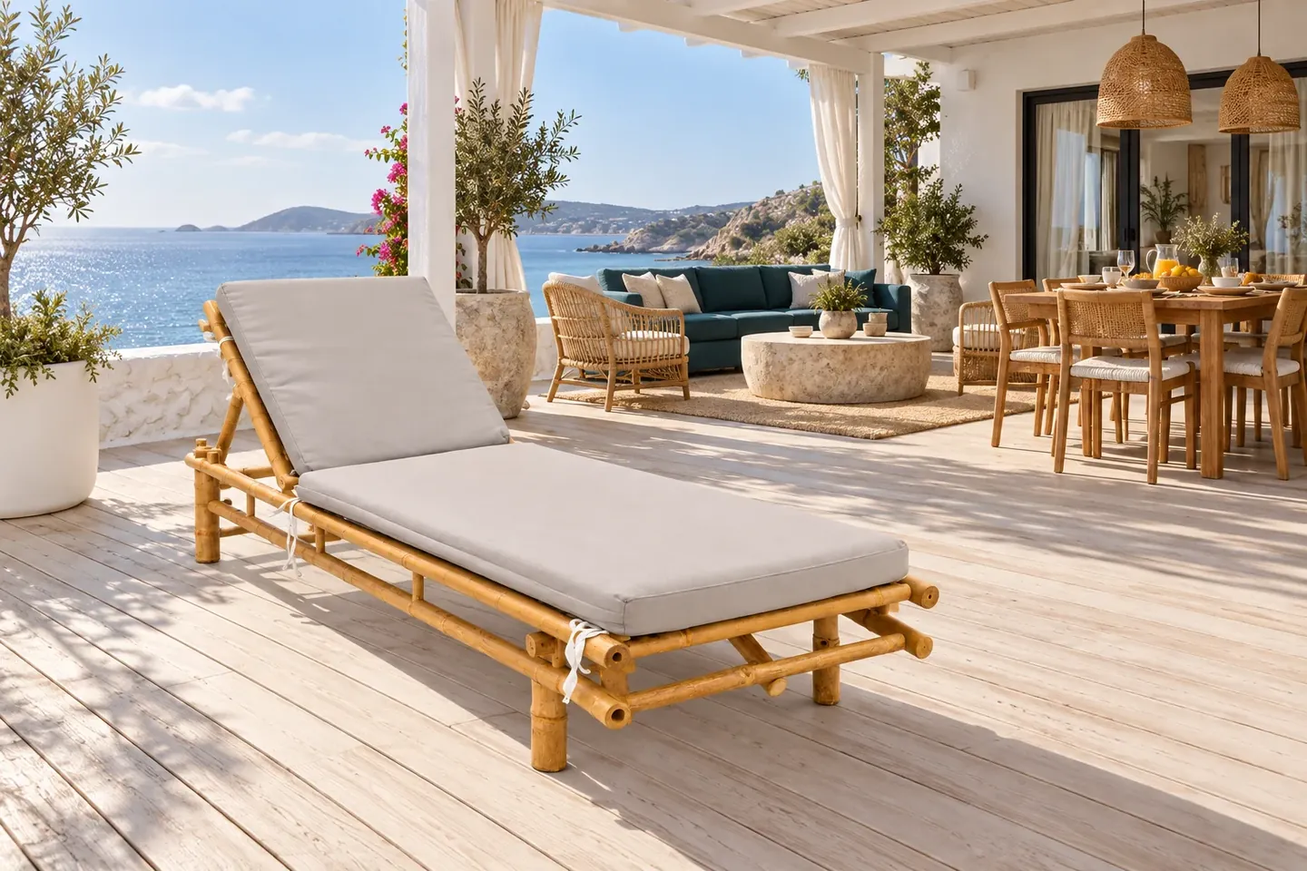 Bamboo lounger on a veranda above the sea
