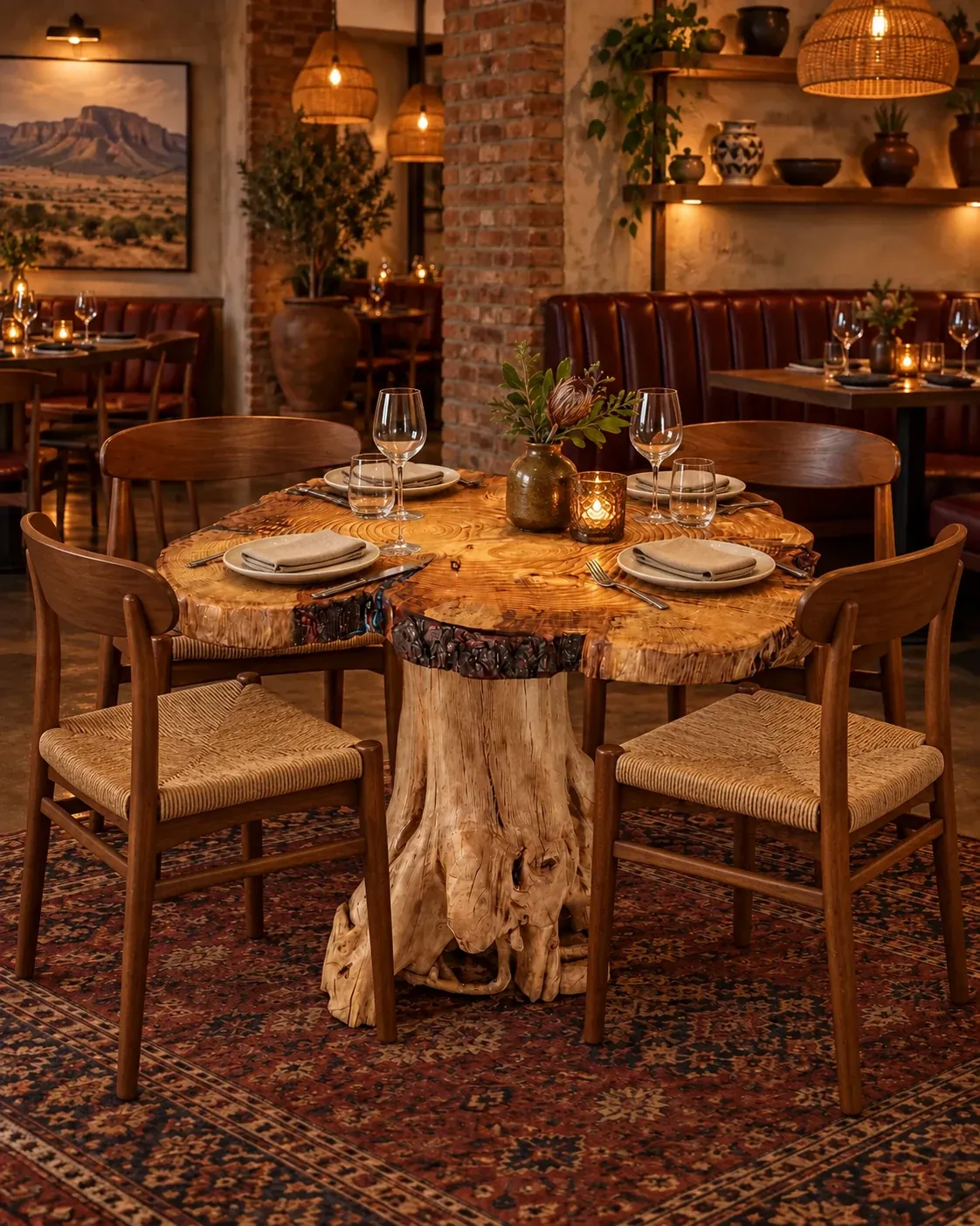Reclaimed Root Dining Table laid for dinner