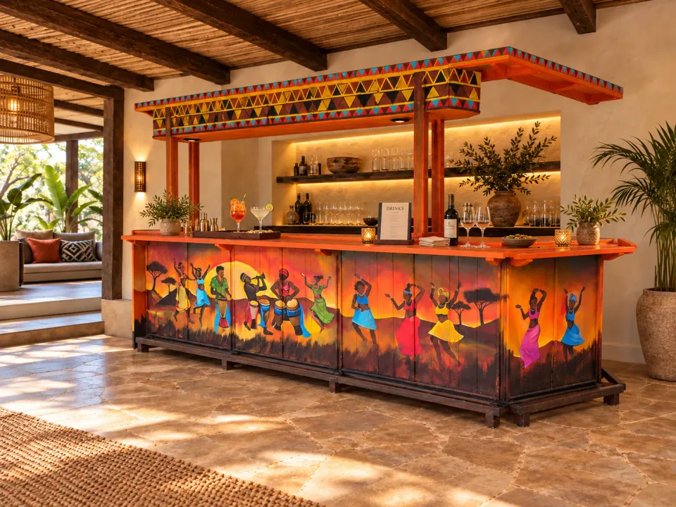Savannah Rhythm Sleeper-Wood Bar set up as a lodge drinks bar